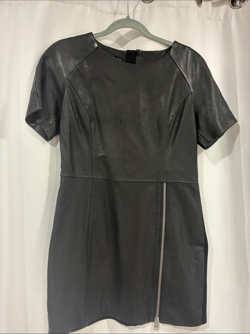 Black Leather Short Sleeve Sheath Dress with Side Zip AllSAINTS size 10